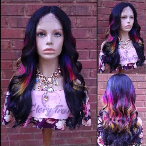 Rainbow Wavy Lace Front Wig HD Lace Synthetic Ombre Wigs For Women Halloween And Cosplay Party Wigs Heat Resistant Wig GloryTress - COVENANT