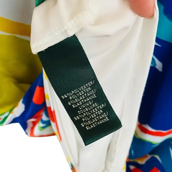 Ralph Lauren Stunning Colorful Floral Abstract Sleeveless Ruched Faux Wrap Dress