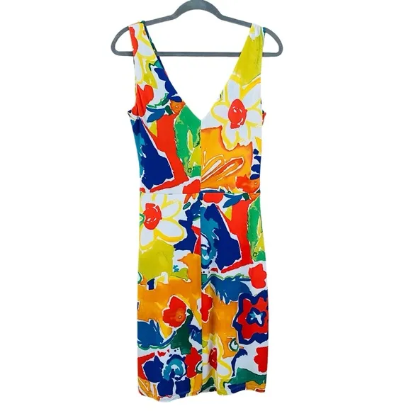 Ralph Lauren Stunning Colorful Floral Abstract Sleeveless Ruched Faux Wrap Dress