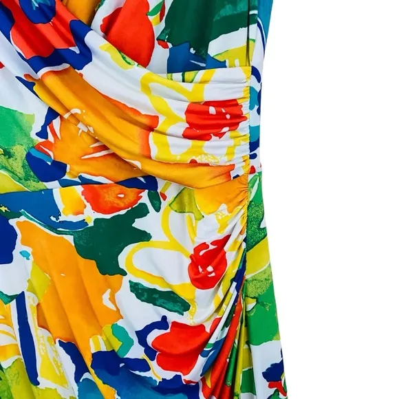 Ralph Lauren Stunning Colorful Floral Abstract Sleeveless Ruched Faux Wrap Dress