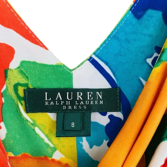 Ralph Lauren Stunning Colorful Floral Abstract Sleeveless Ruched Faux Wrap Dress