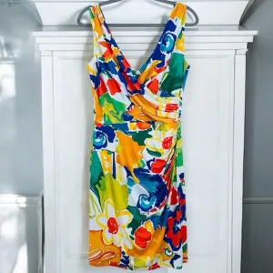 Ralph Lauren Stunning Colorful Floral Abstract Sleeveless Ruched Faux Wrap Dress