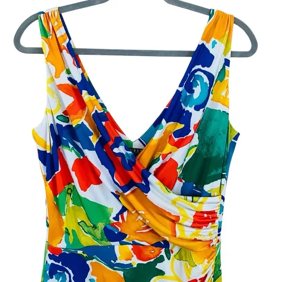 Ralph Lauren Stunning Colorful Floral Abstract Sleeveless Ruched Faux Wrap Dress