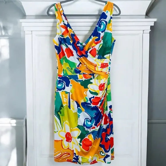 Ralph Lauren Stunning Colorful Floral Abstract Sleeveless Ruched Faux Wrap Dress