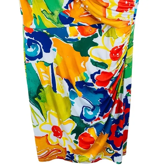 Ralph Lauren Stunning Colorful Floral Abstract Sleeveless Ruched Faux Wrap Dress