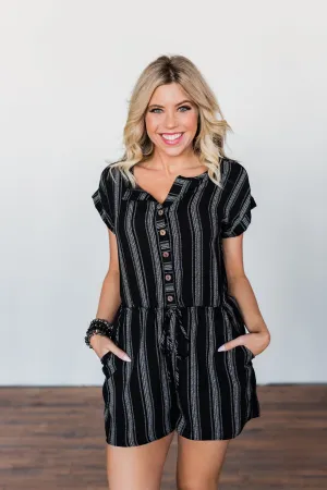Remember These Moments Button Romper- Black