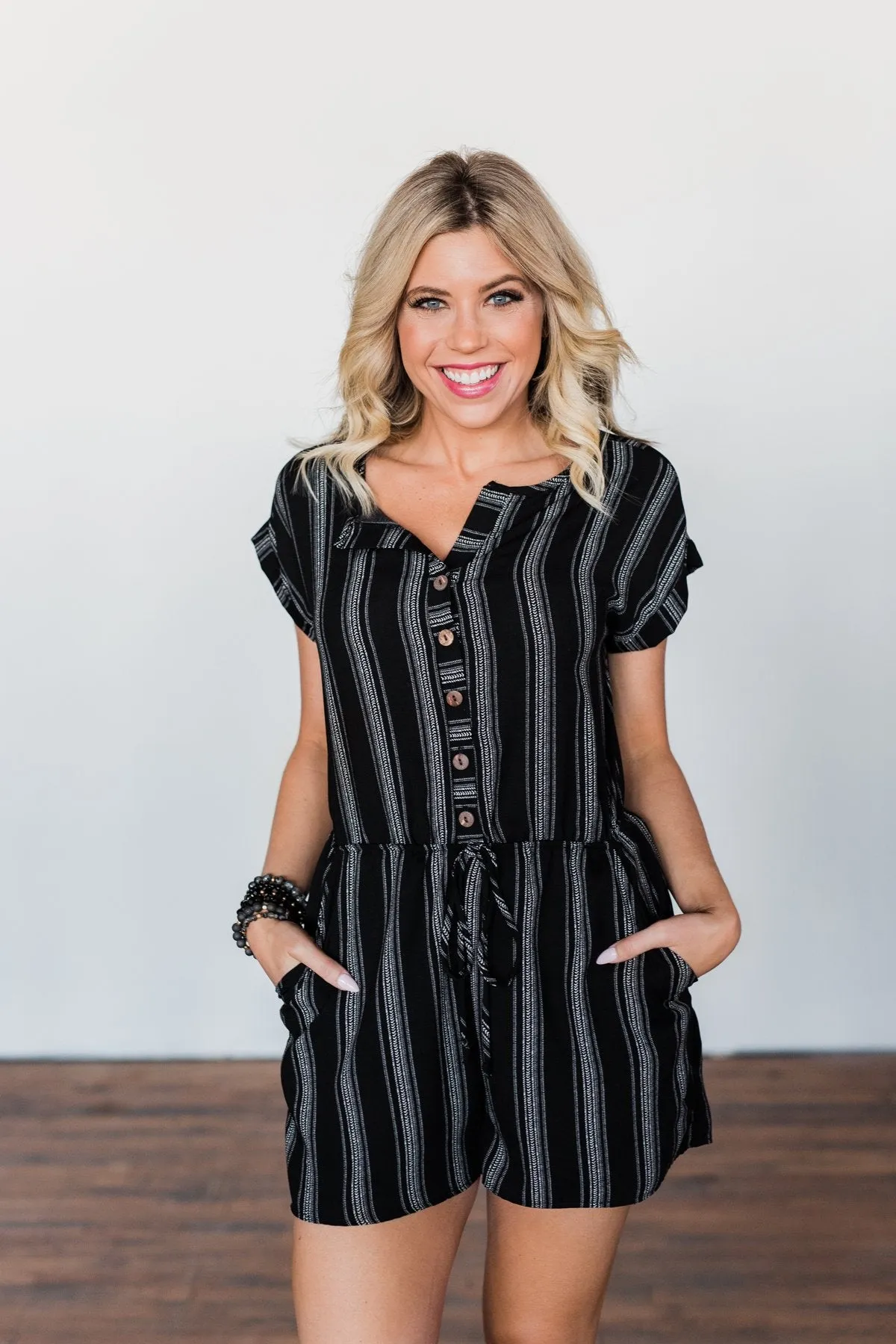 Remember These Moments Button Romper- Black