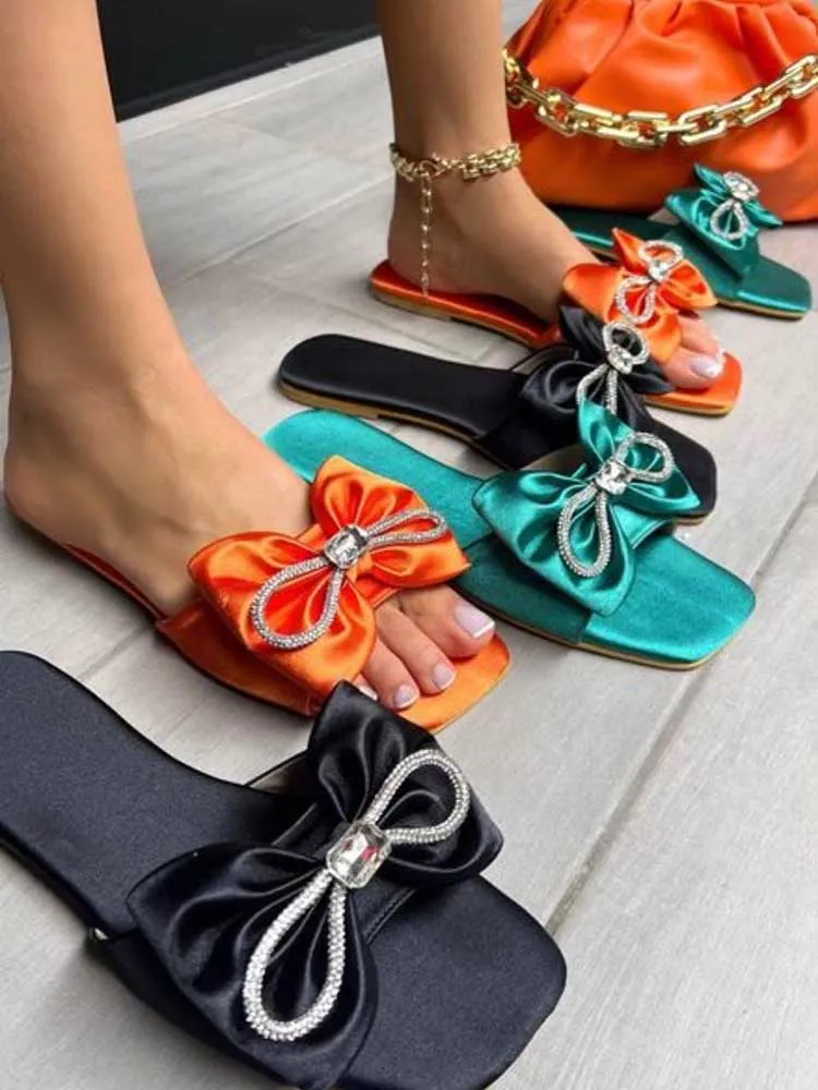 Rhinestone Bow Flat Sandals