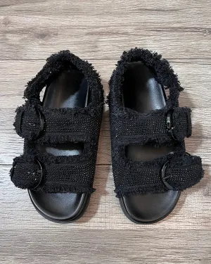 Rhinestone canvas buckle flats sandals