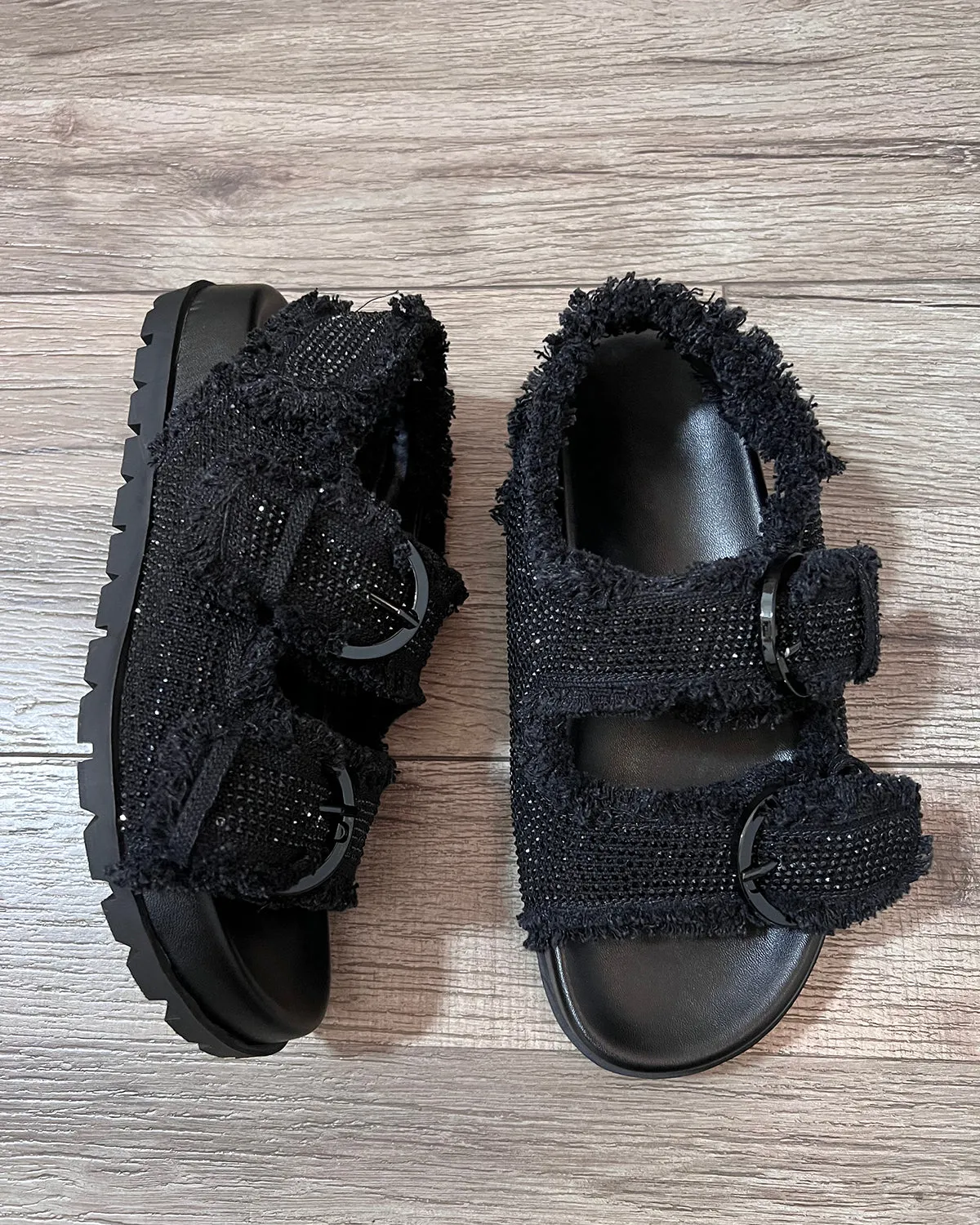 Rhinestone canvas buckle flats sandals