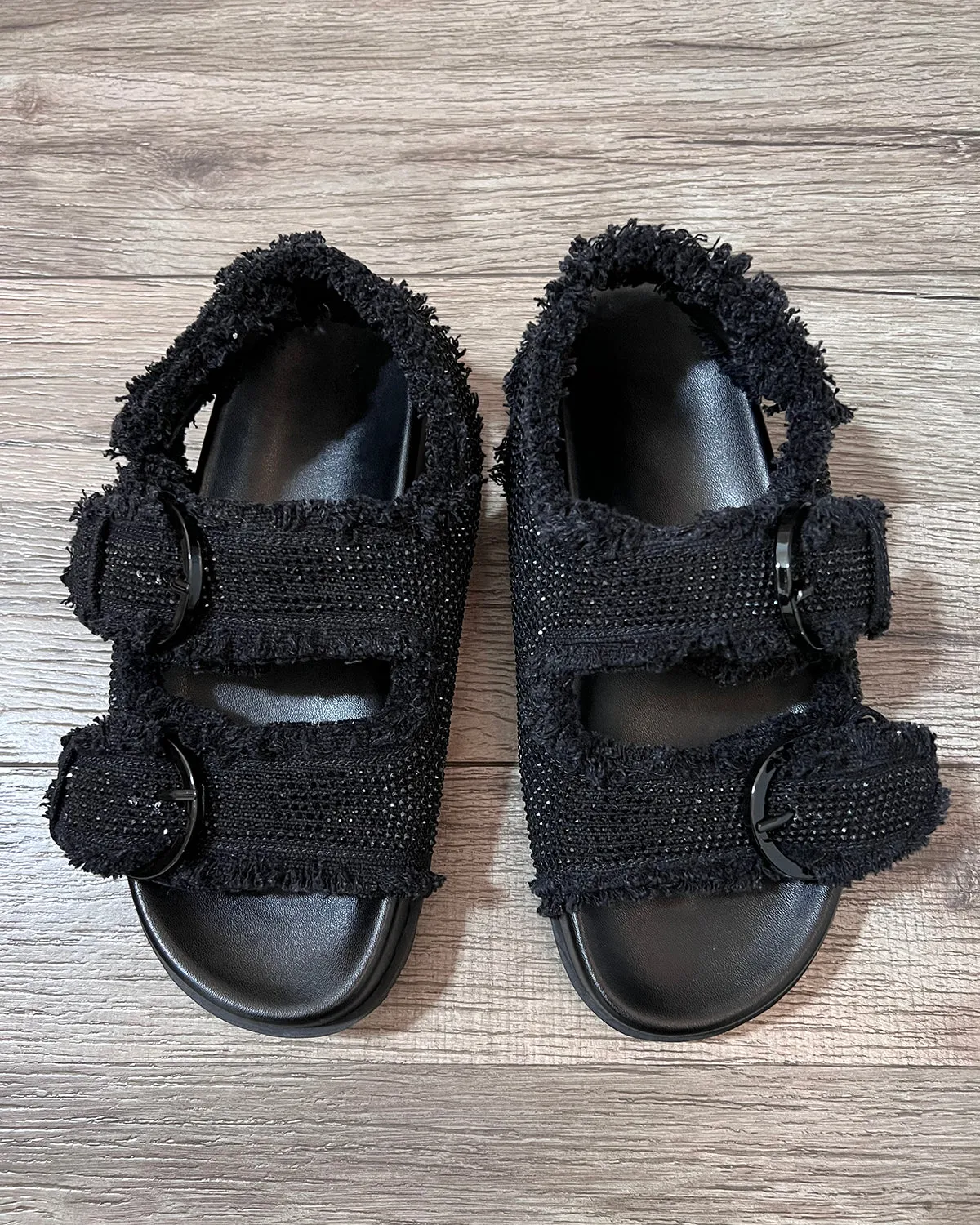 Rhinestone canvas buckle flats sandals
