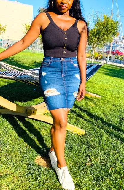 Rihanna Distressed Denim Skirt