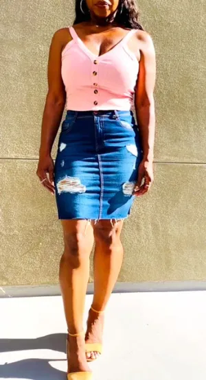 Rihanna Distressed Denim Skirt