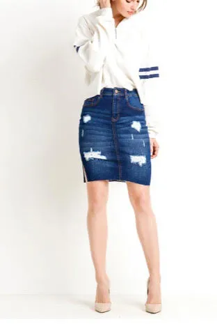 Rihanna Distressed Denim Skirt