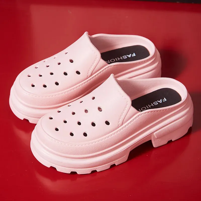 Shevalues Women Summer High Heels Shoes Soft Thick Bottom Clogs Sandals Fashion Hole Shoes Outdoor Beach Slippers Garden Shoes