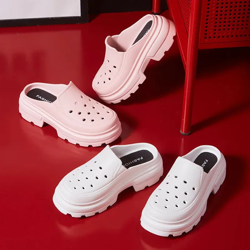 Shevalues Women Summer High Heels Shoes Soft Thick Bottom Clogs Sandals Fashion Hole Shoes Outdoor Beach Slippers Garden Shoes
