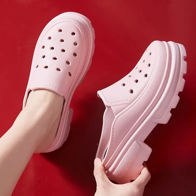 Shevalues Women Summer High Heels Shoes Soft Thick Bottom Clogs Sandals Fashion Hole Shoes Outdoor Beach Slippers Garden Shoes