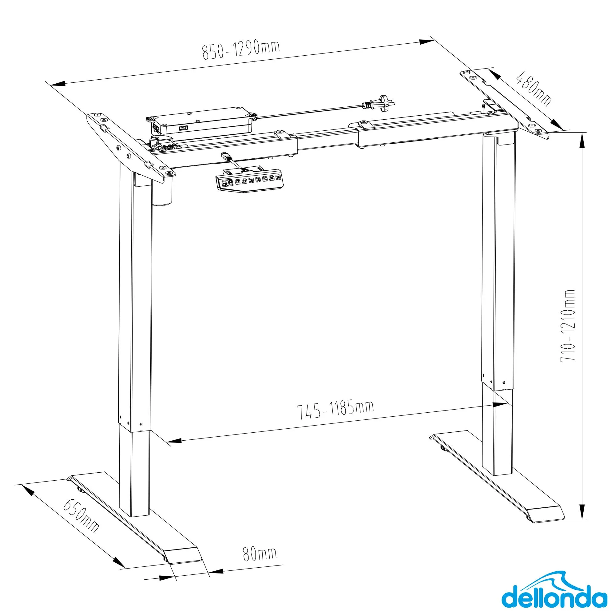 Single Motor Adjustable Desk Frame with Digital Controls, 70kg Capacity, Black - DH18