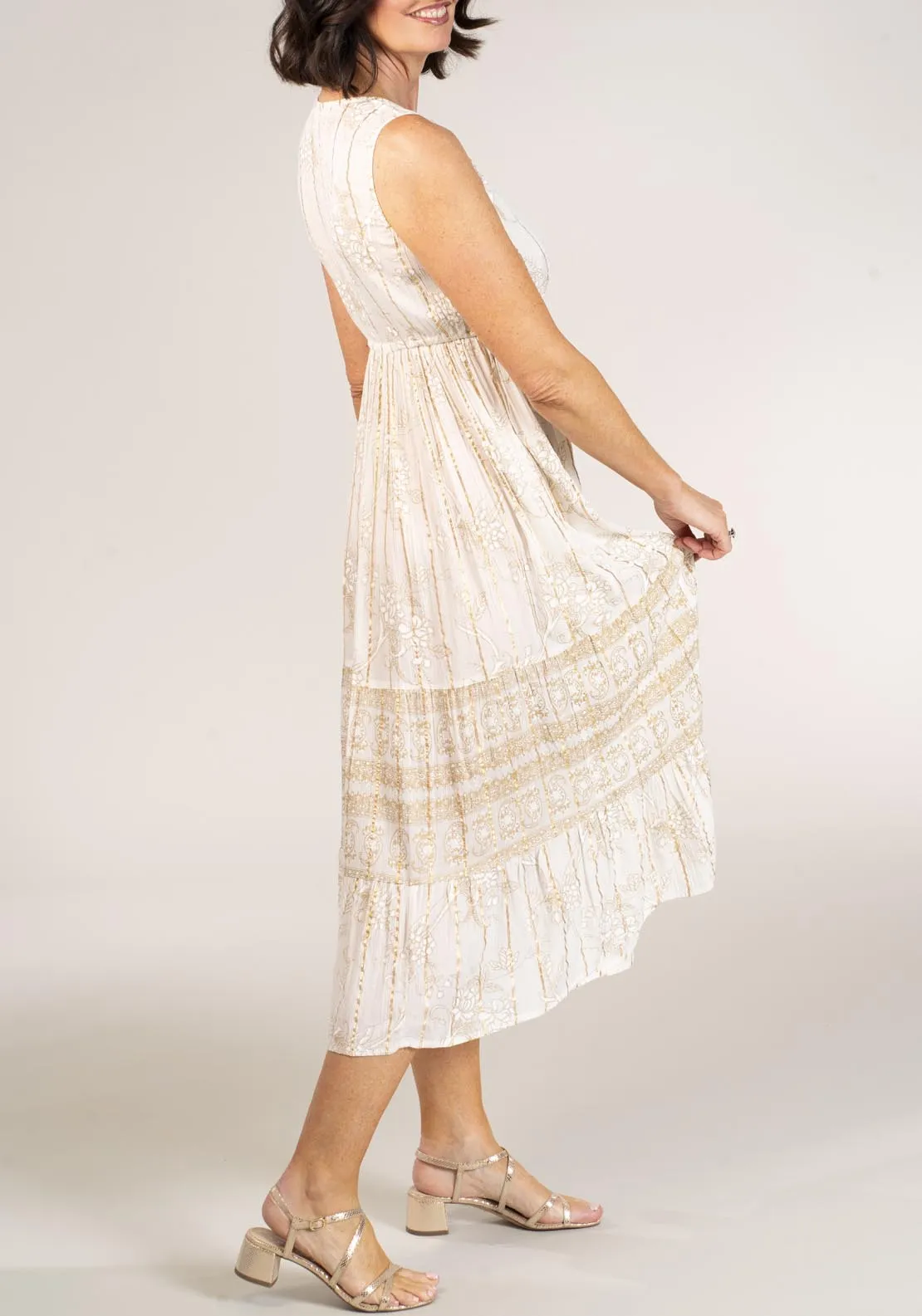 Sleeveless Rayon Crepe Dress - Beige