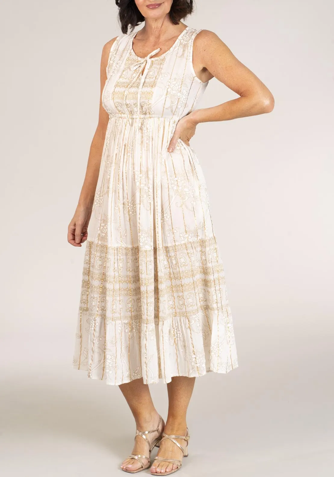 Sleeveless Rayon Crepe Dress - Beige