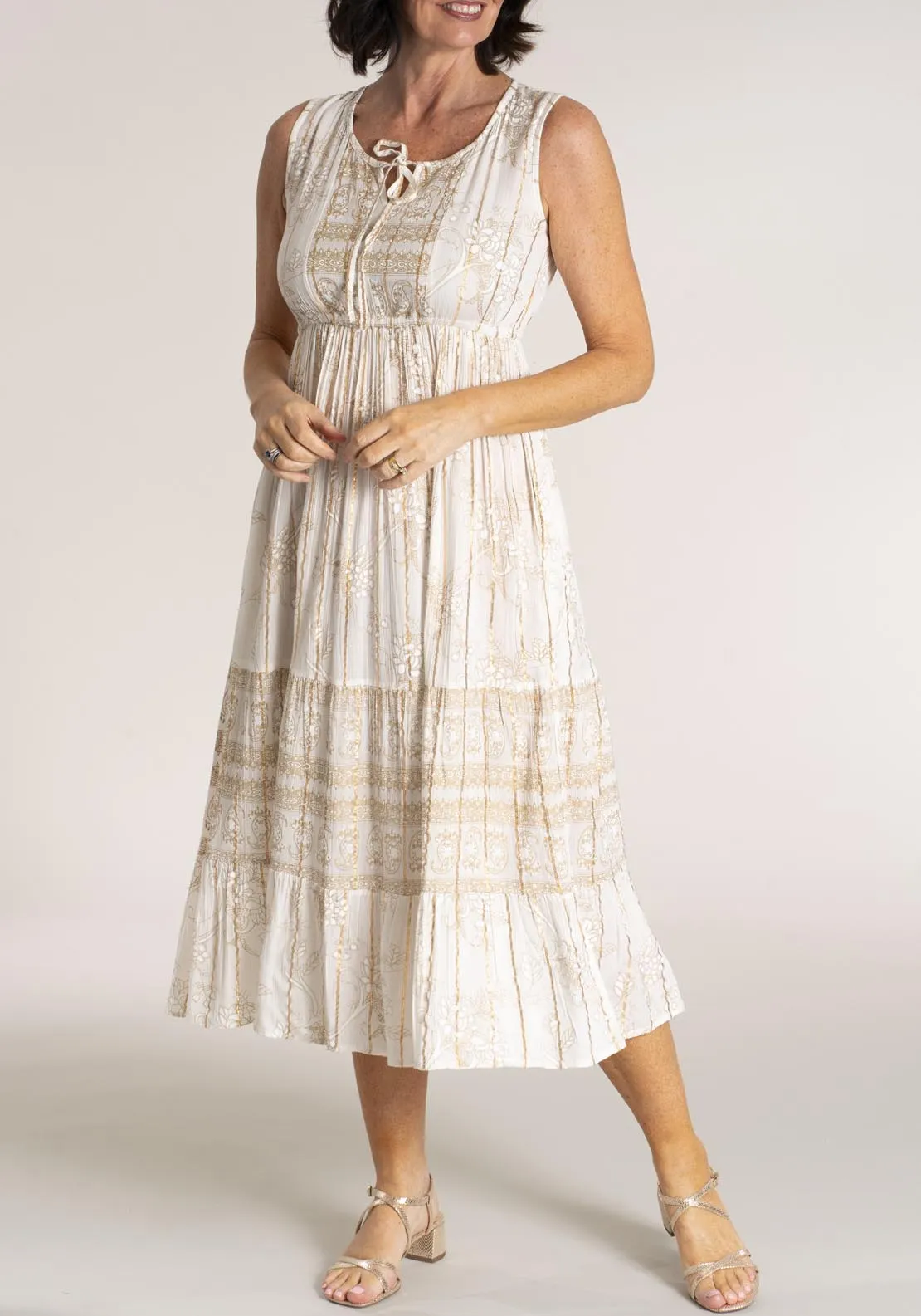 Sleeveless Rayon Crepe Dress - Beige