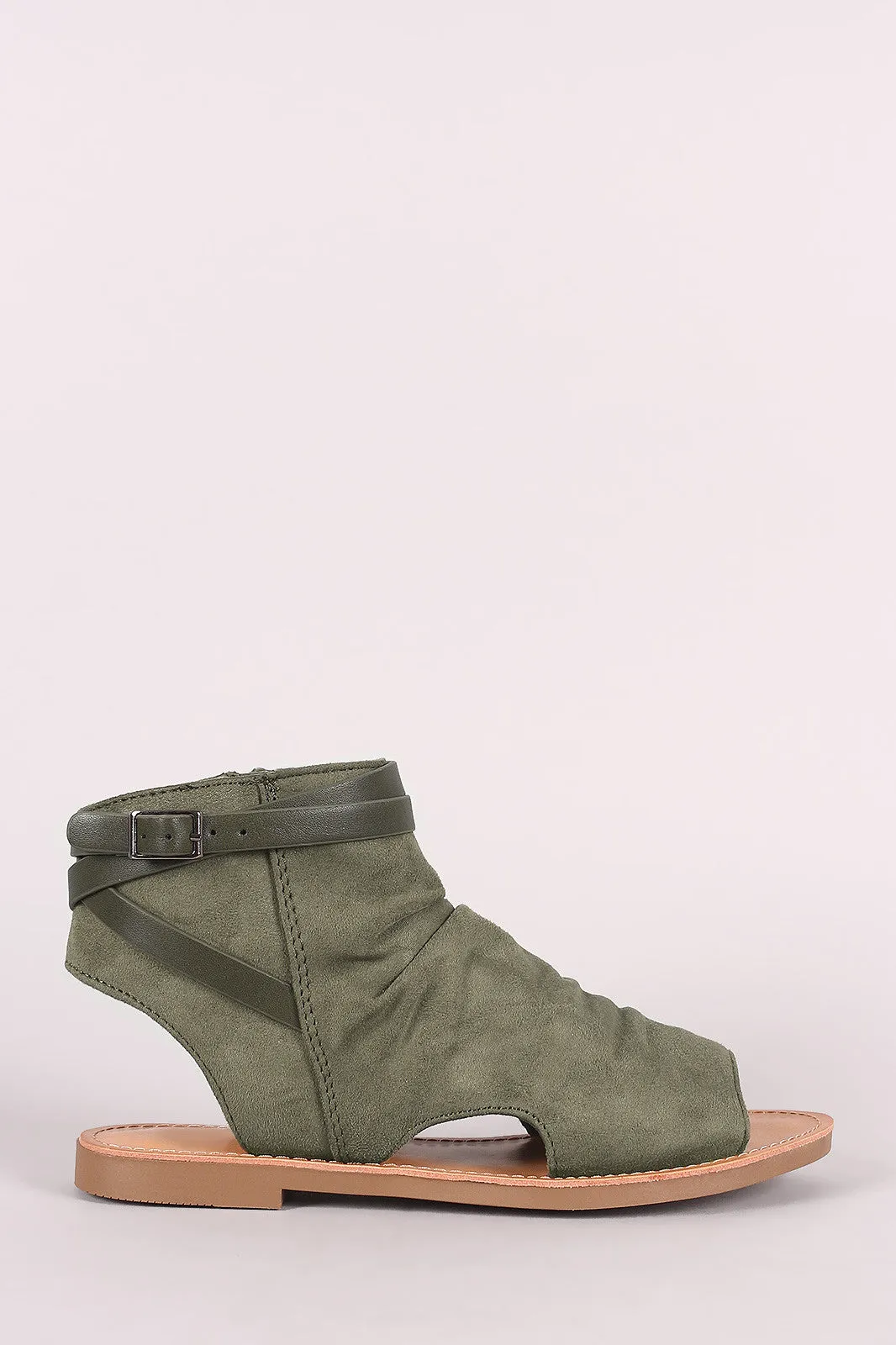 Soda Suede Open Toe Buckled Strap Cutout Flat Sandal