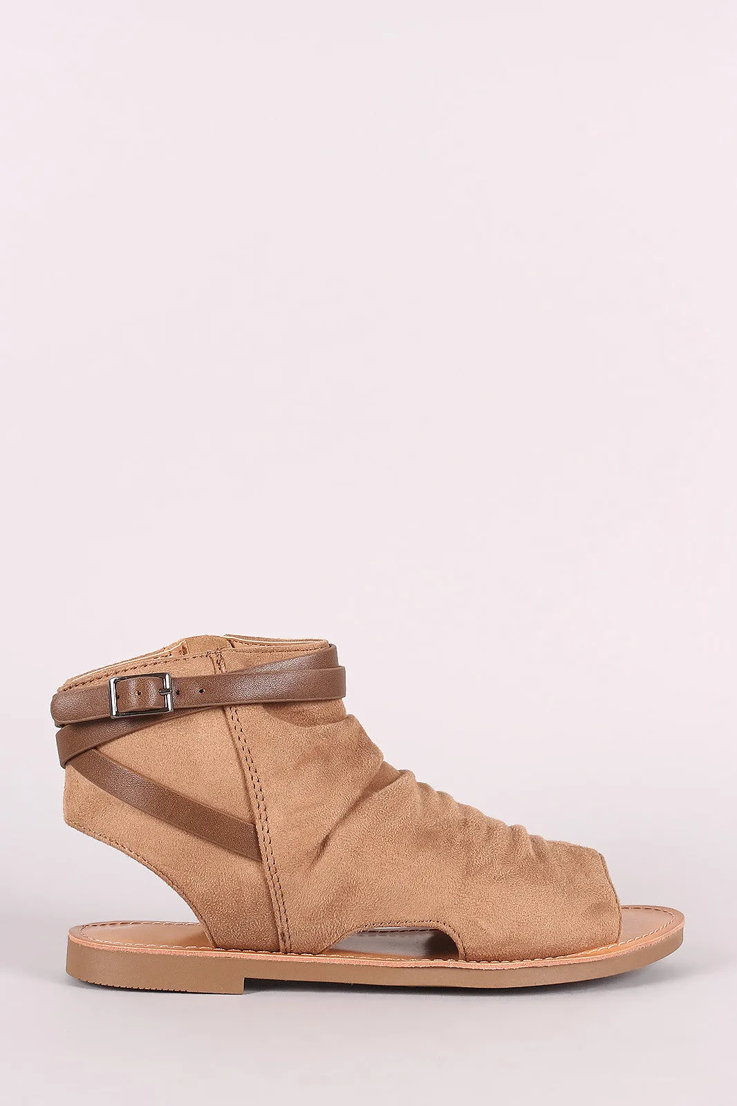 Soda Suede Open Toe Buckled Strap Cutout Flat Sandal