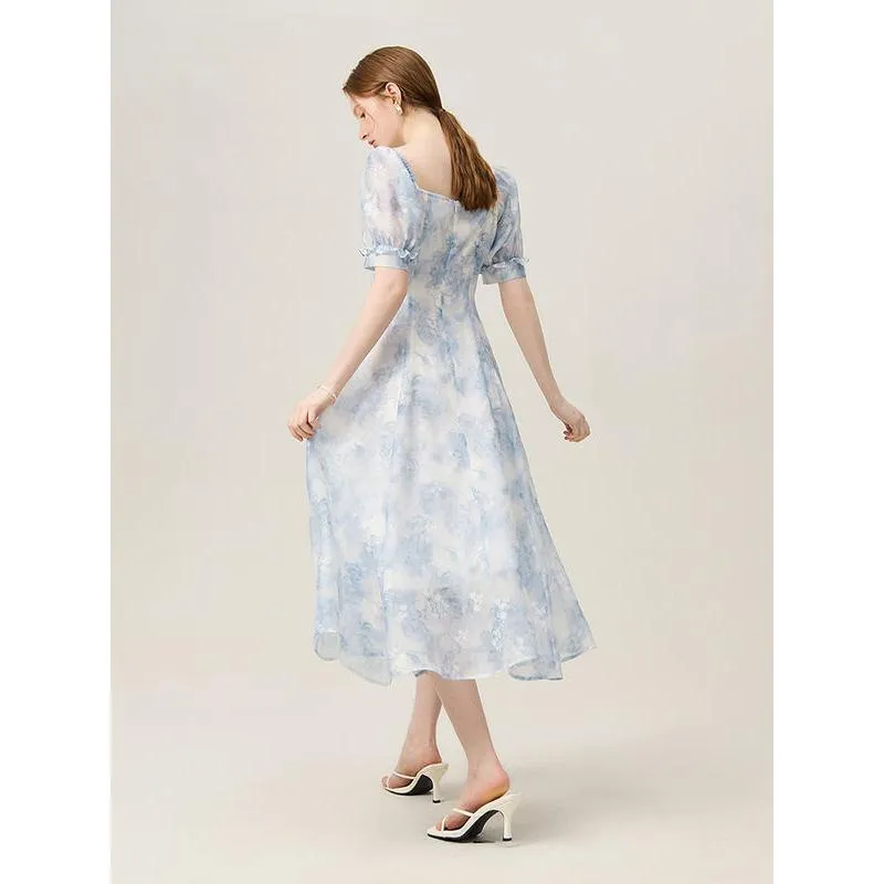 Summer Elegance: Blue Floral Mid-Calf Dress for Women
