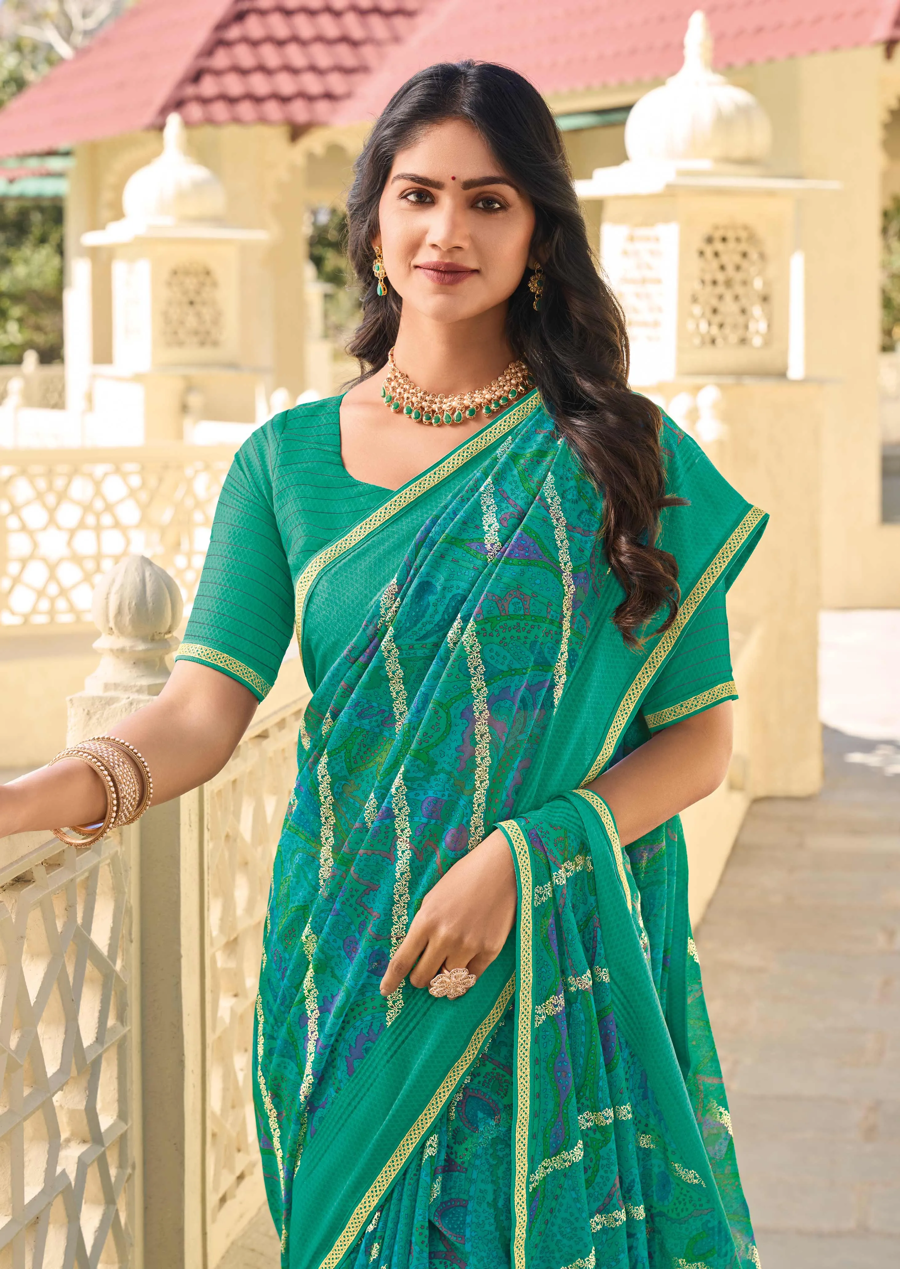 Teal Green Chiffon Printed Saree – Lightweight & Stylish Drape- Rang Panchami