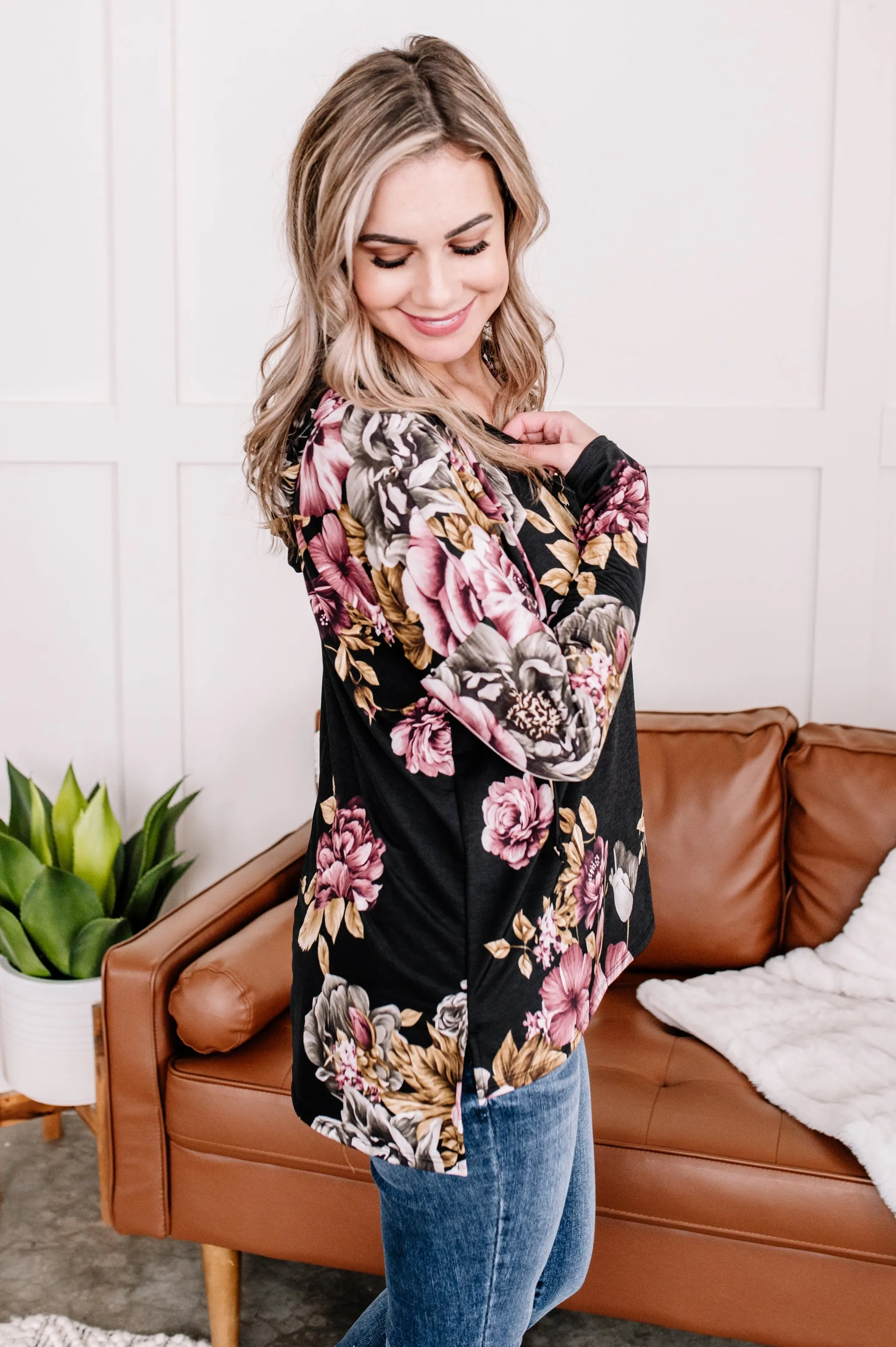 The Dark Walk Hooded Floral Top In Black