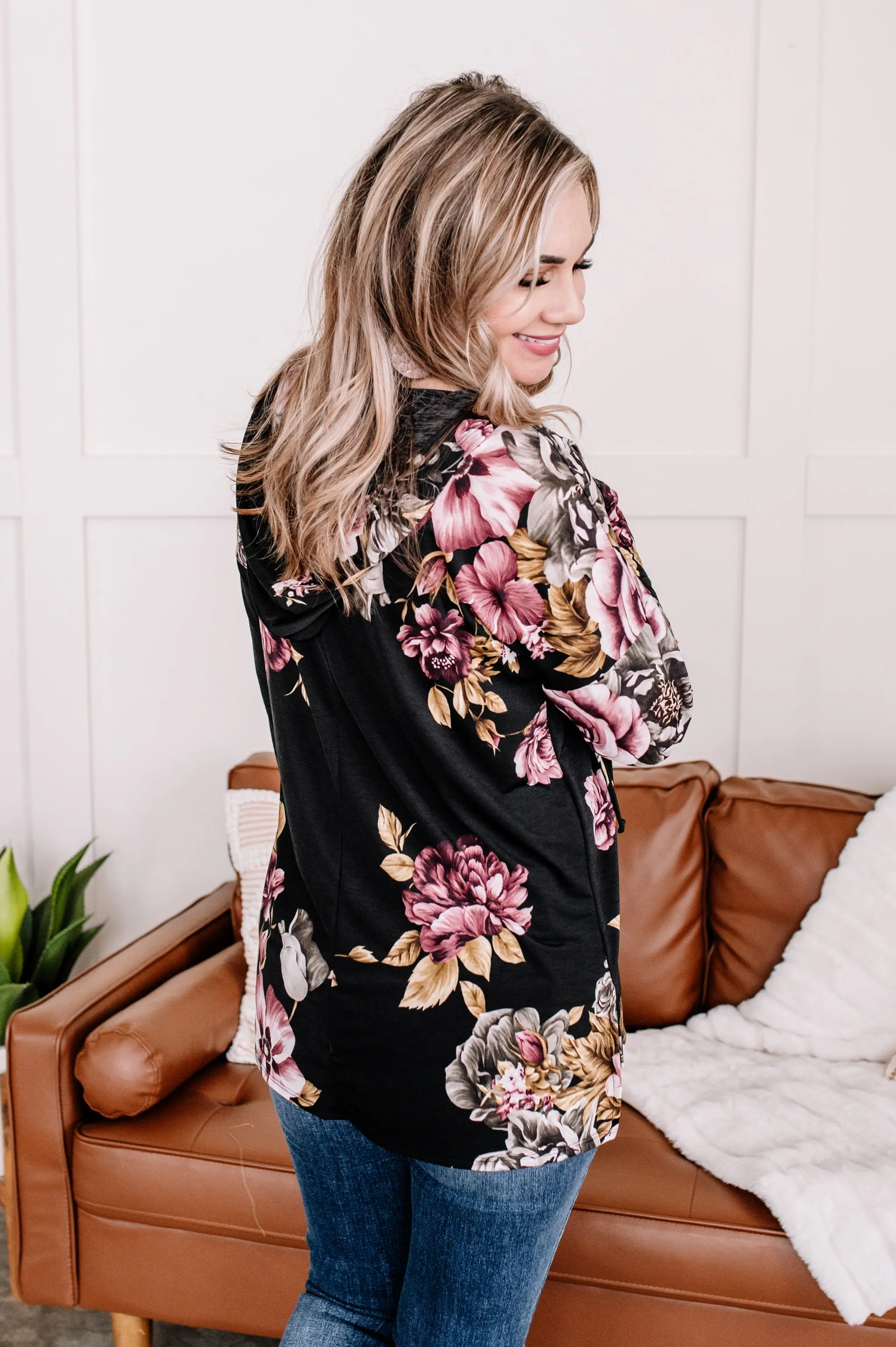 The Dark Walk Hooded Floral Top In Black