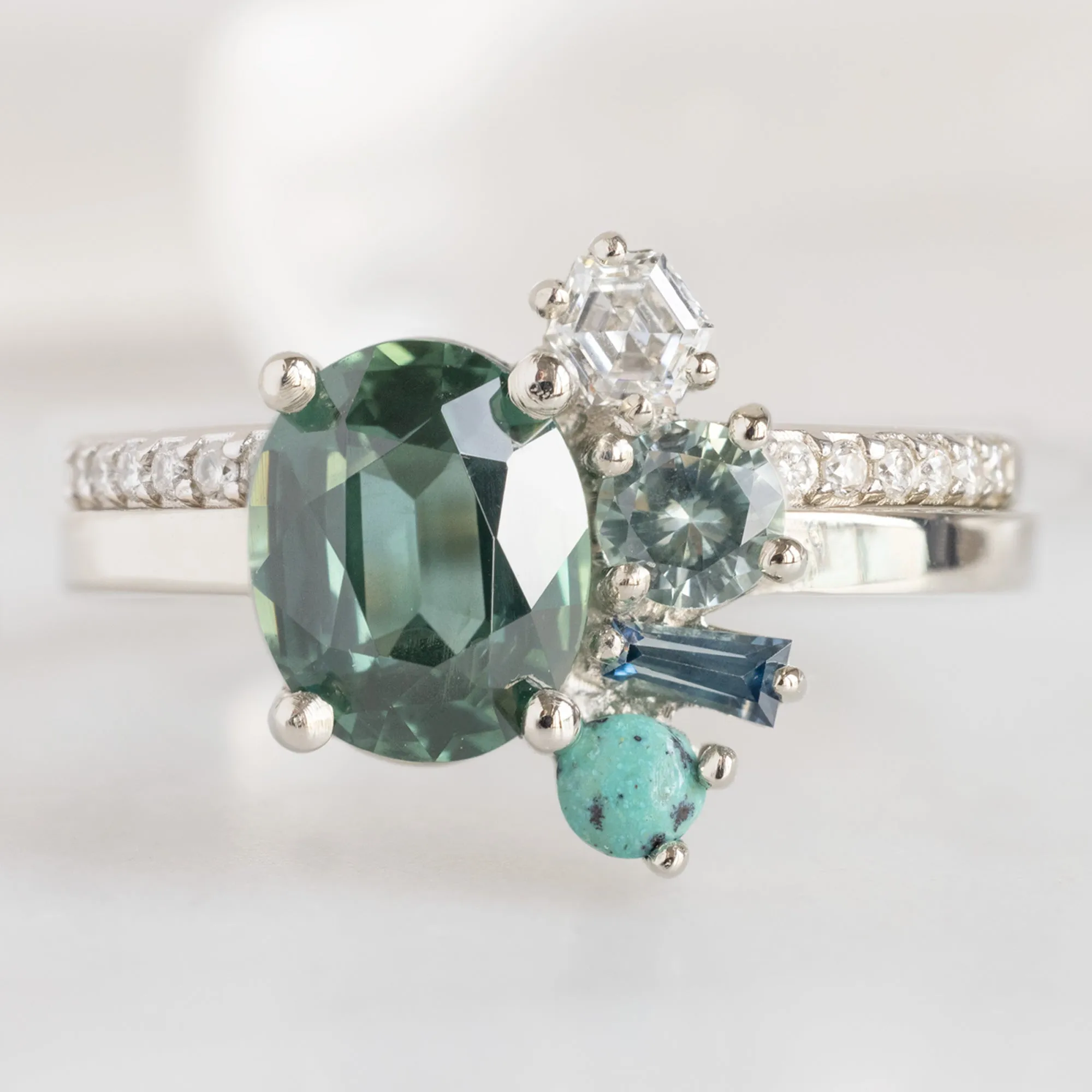 The Watercolor Cluster Ring | 1.53ct Oval Green Sapphire in 14K White Gold