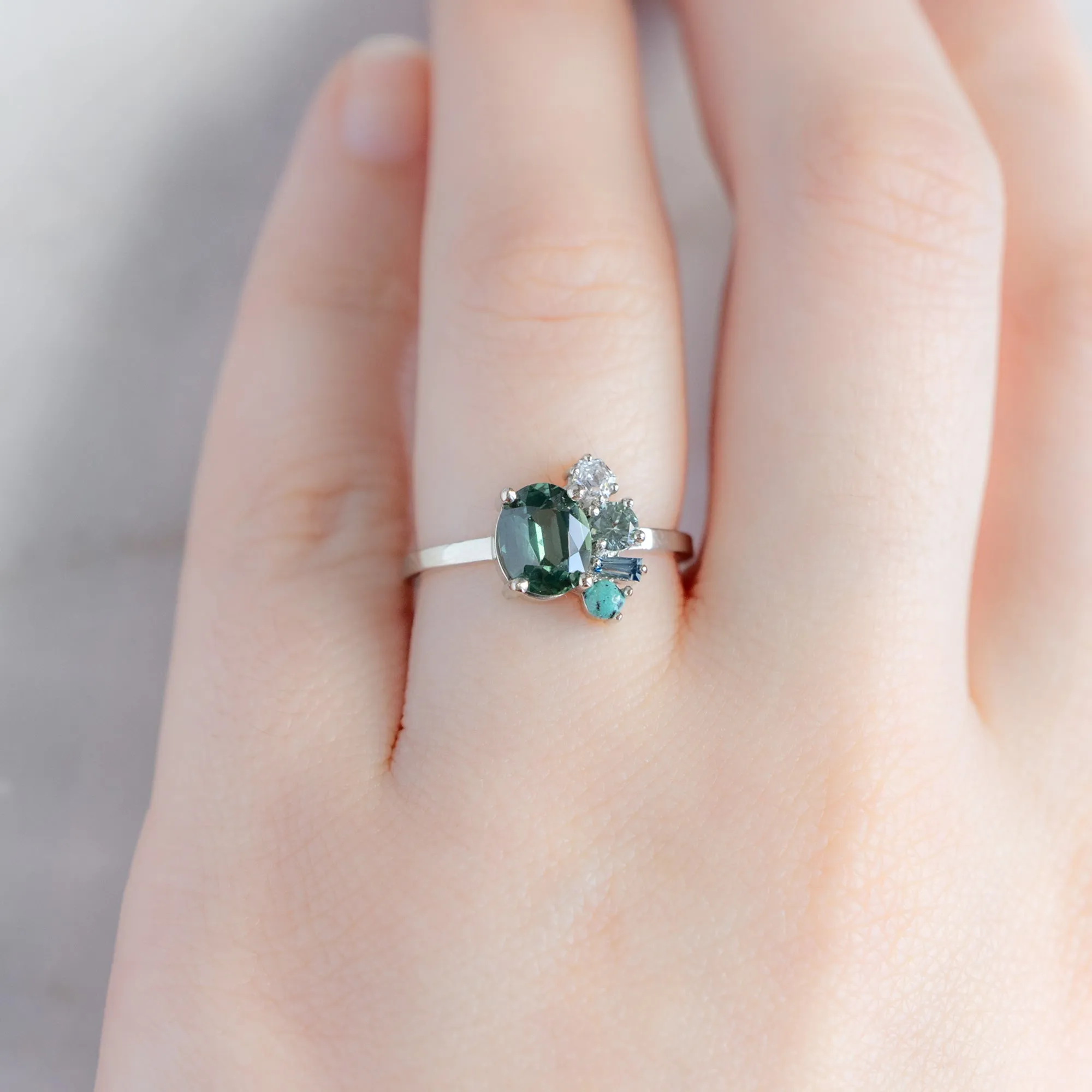 The Watercolor Cluster Ring | 1.53ct Oval Green Sapphire in 14K White Gold
