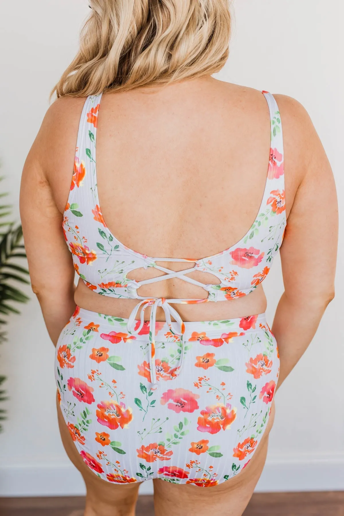 Walk Along The Beach Ribbed Swim Top- Orange Floral