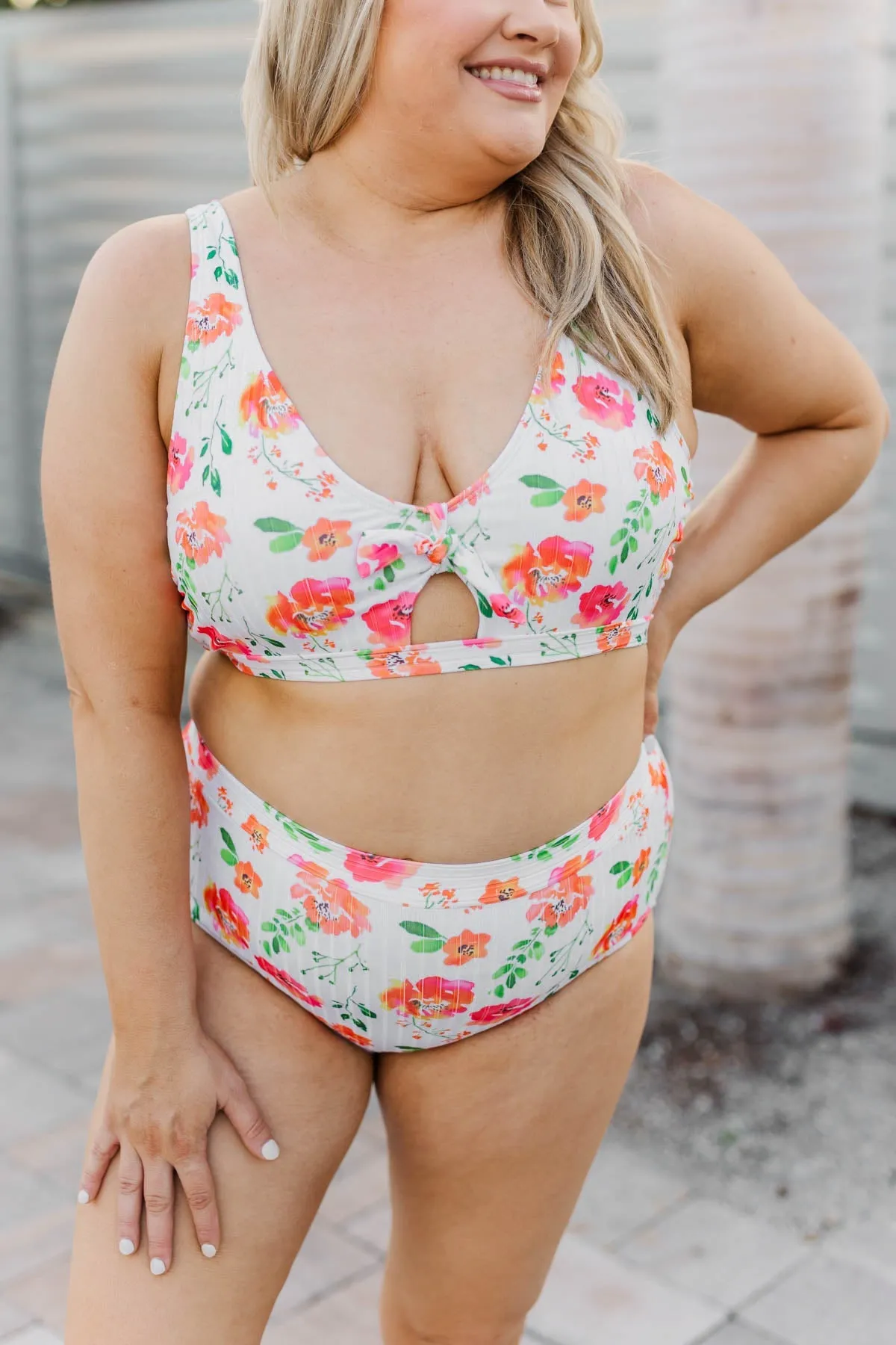 Walk Along The Beach Ribbed Swim Top- Orange Floral