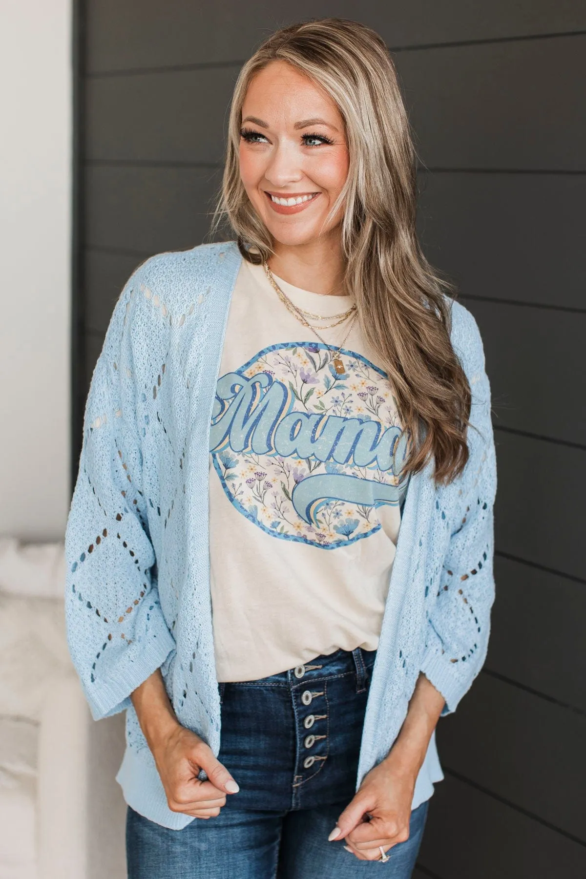 Walk Of Life Open Knit Cardigan- Light Blue