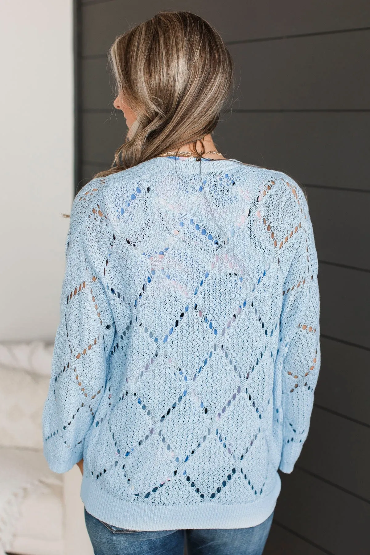 Walk Of Life Open Knit Cardigan- Light Blue
