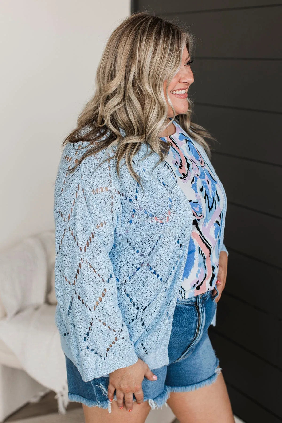 Walk Of Life Open Knit Cardigan- Light Blue