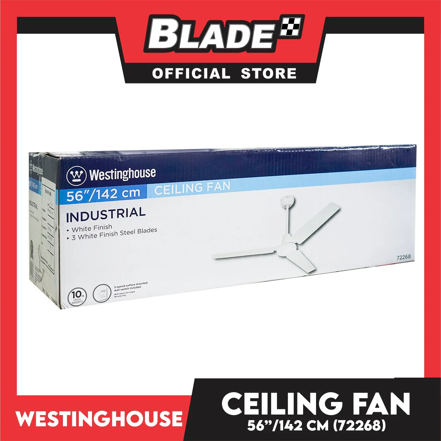 Westinghouse Ceiling Fan 56'' 142cm 72268 Industrial Three-Blade White Finish Indoor Ceiling Fan
