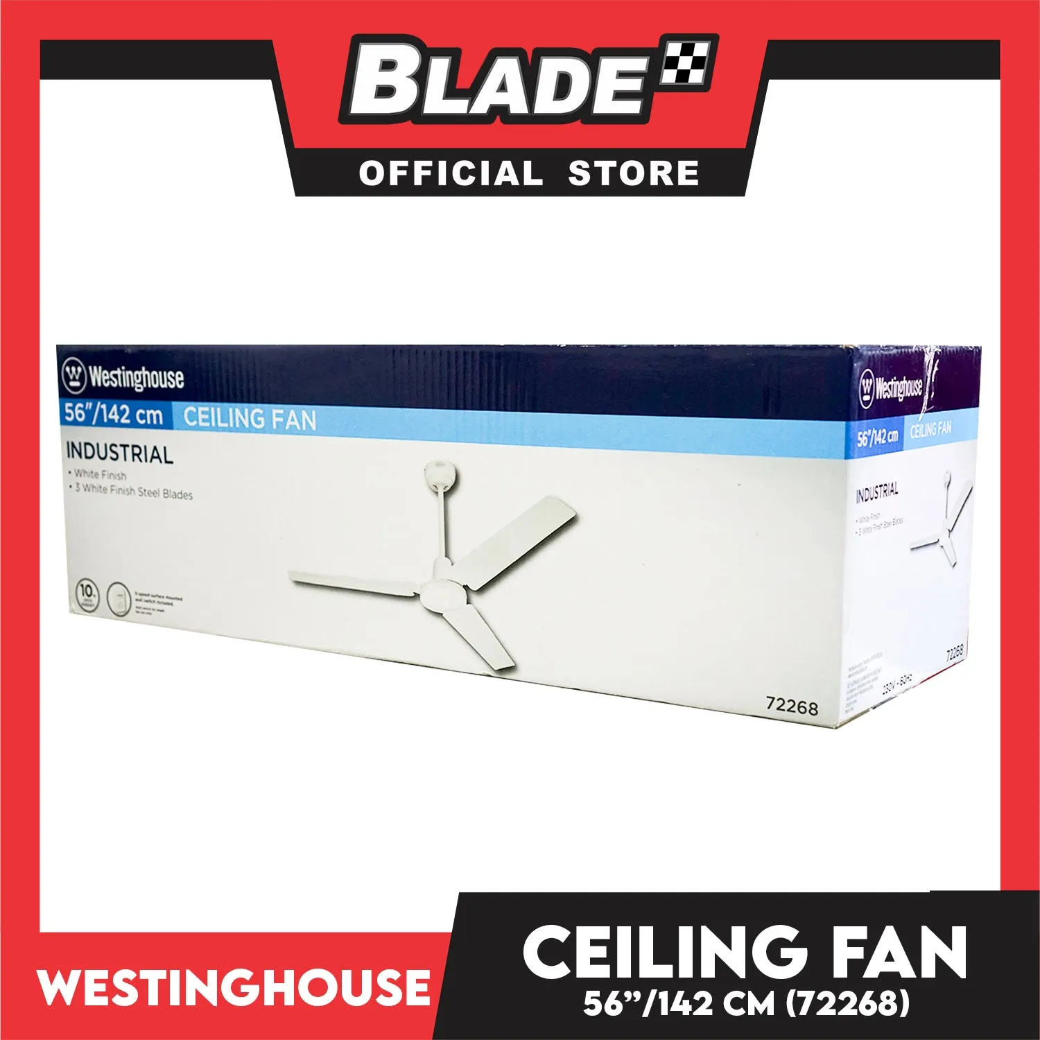 Westinghouse Ceiling Fan 56'' 142cm 72268 Industrial Three-Blade White Finish Indoor Ceiling Fan
