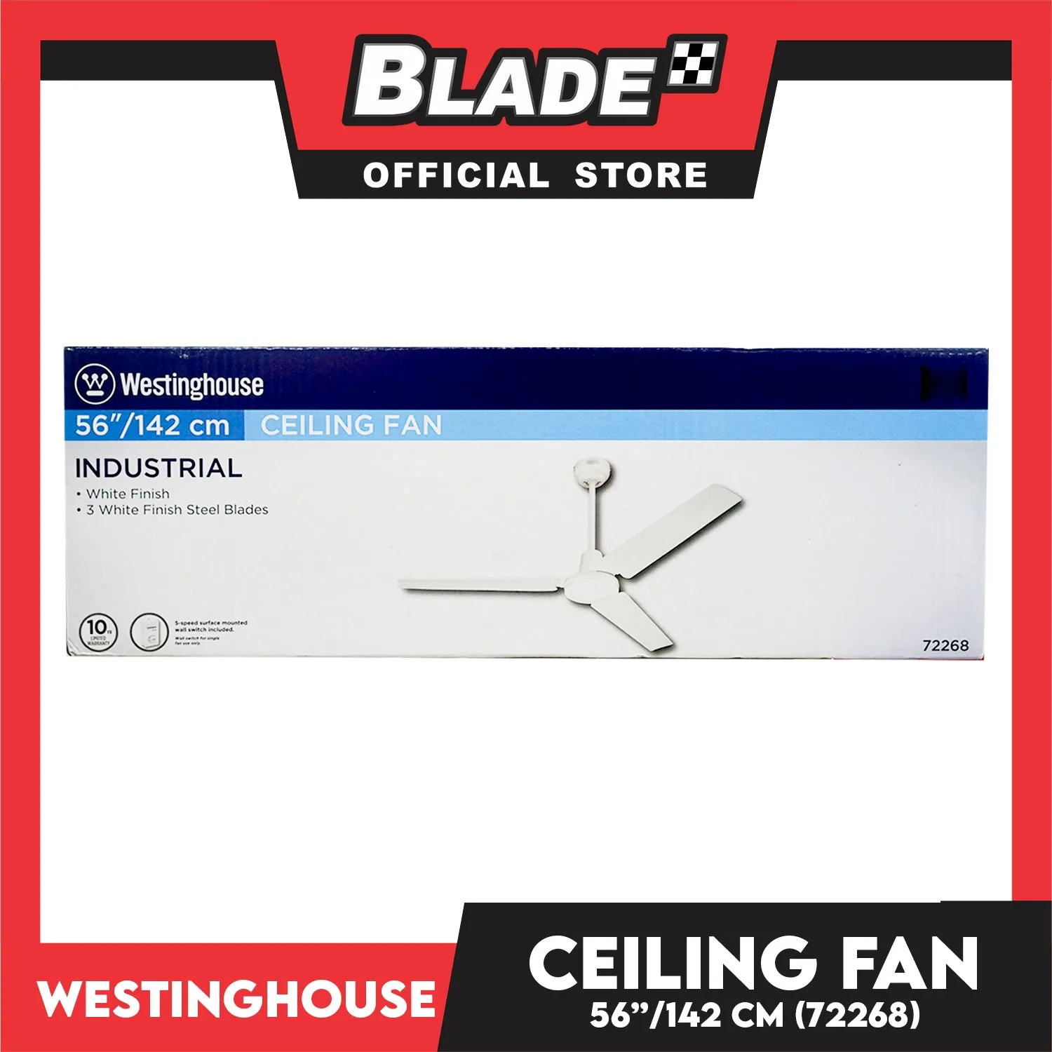 Westinghouse Ceiling Fan 56'' 142cm 72268 Industrial Three-Blade White Finish Indoor Ceiling Fan
