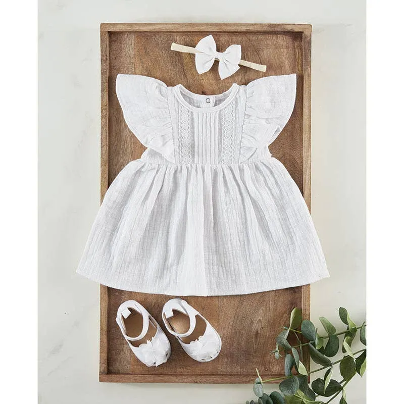 White Flutter Sleeve Dress with Lace