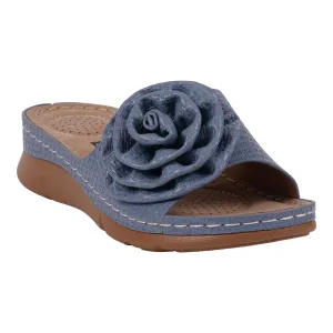 Women's Honey Blue Flower Rosette Flat Comfort Sandals