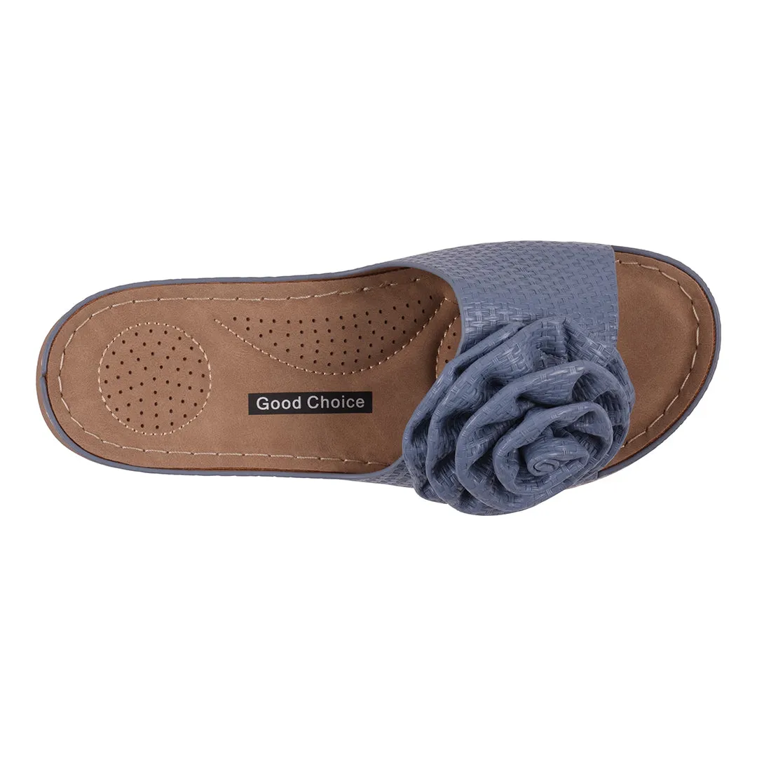 Women's Honey Blue Flower Rosette Flat Comfort Sandals