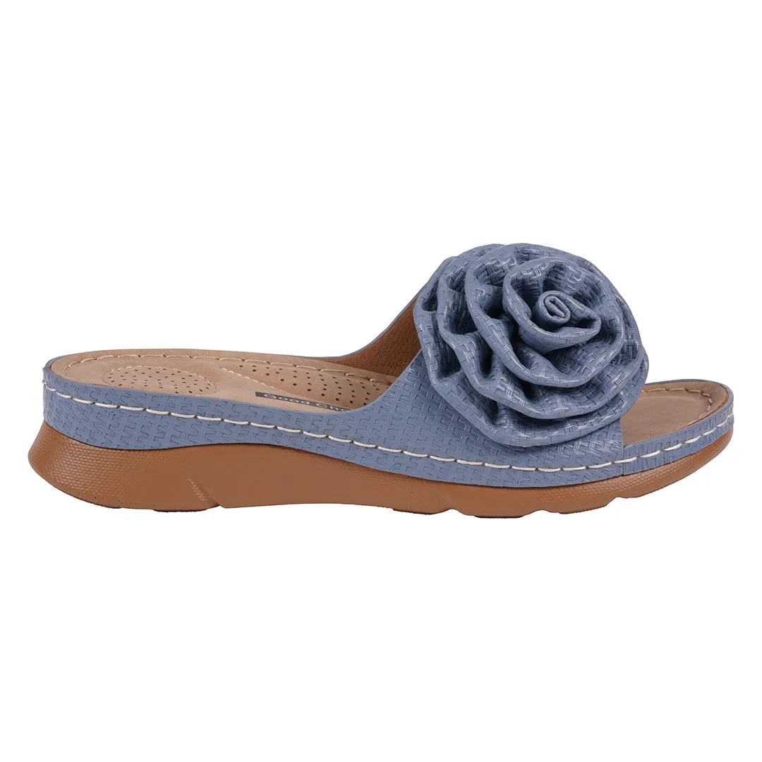 Women's Honey Blue Flower Rosette Flat Comfort Sandals
