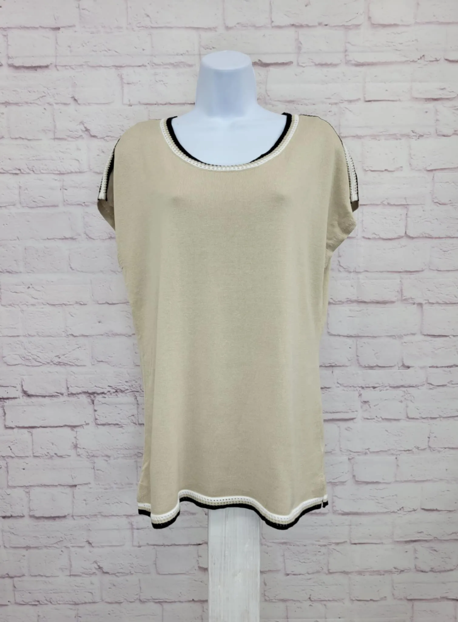 XLARGE SAND A648157 Belle by Kim Gravel Pop Color Crochet Trim Sweater