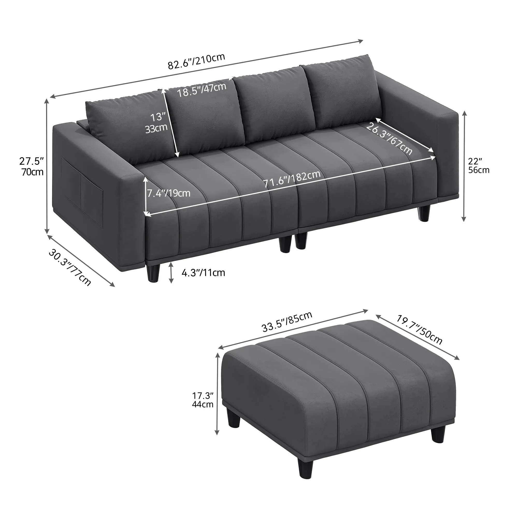YITAHOME Sectional Couch with Ottoman 82.6" L Shaped Sofas Cloud Couch Deep Seat Velvet Modular 3 Seater Sofa with USB & Type-C Ports Reversible Ottoman for Living Room Apartment Office, Dark Grey