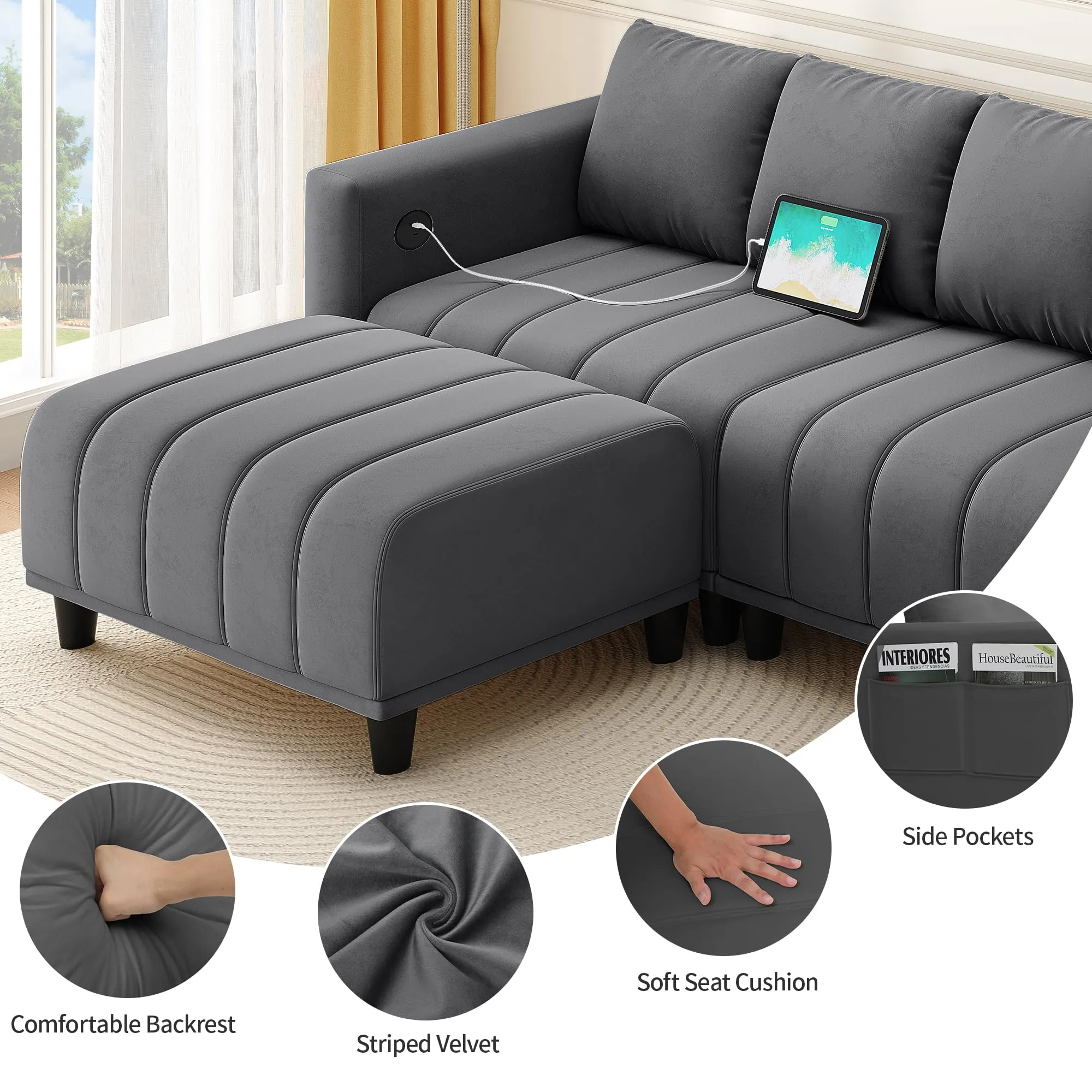YITAHOME Sectional Couch with Ottoman 82.6" L Shaped Sofas Cloud Couch Deep Seat Velvet Modular 3 Seater Sofa with USB & Type-C Ports Reversible Ottoman for Living Room Apartment Office, Dark Grey