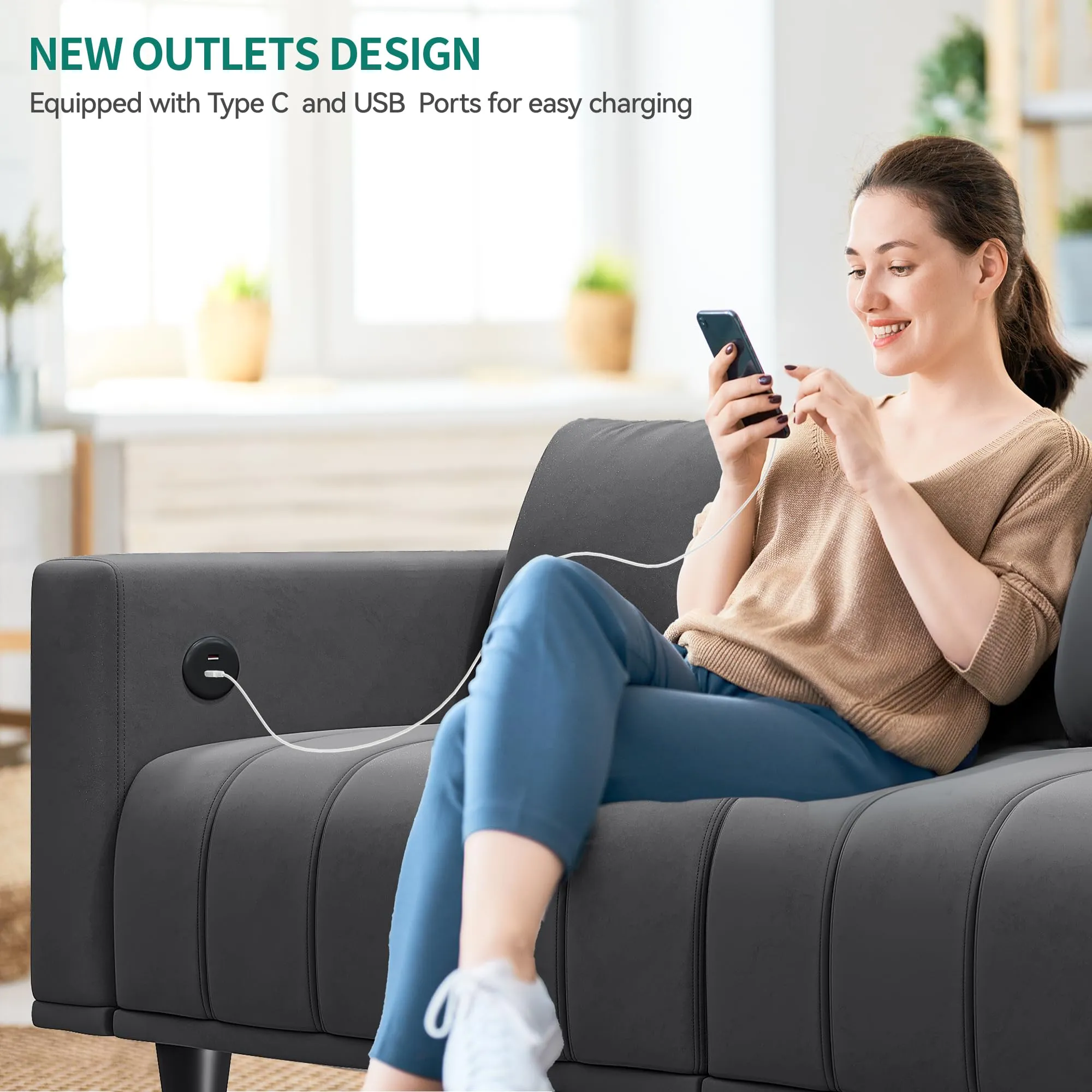 YITAHOME Sectional Couch with Ottoman 82.6" L Shaped Sofas Cloud Couch Deep Seat Velvet Modular 3 Seater Sofa with USB & Type-C Ports Reversible Ottoman for Living Room Apartment Office, Dark Grey