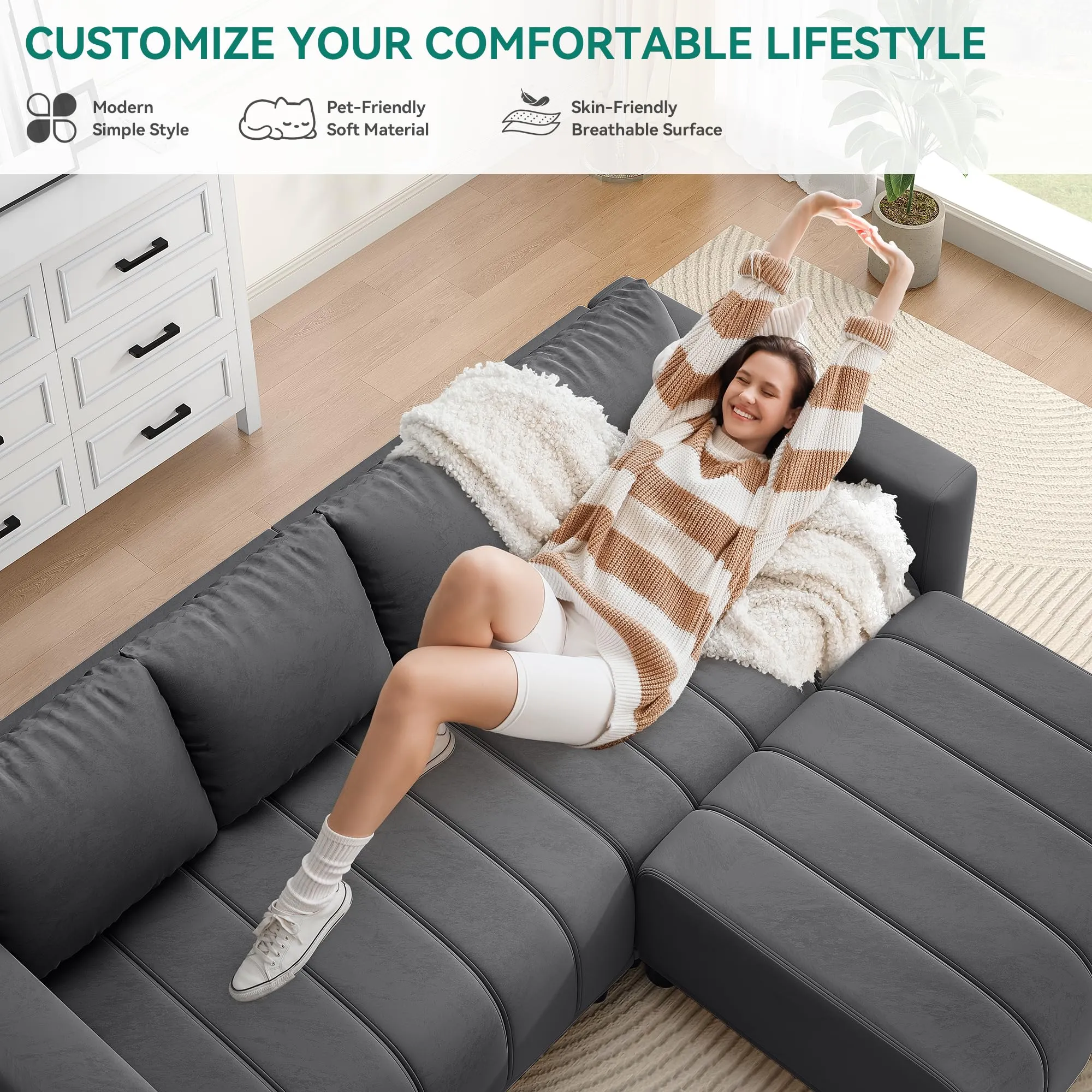 YITAHOME Sectional Couch with Ottoman 82.6" L Shaped Sofas Cloud Couch Deep Seat Velvet Modular 3 Seater Sofa with USB & Type-C Ports Reversible Ottoman for Living Room Apartment Office, Dark Grey